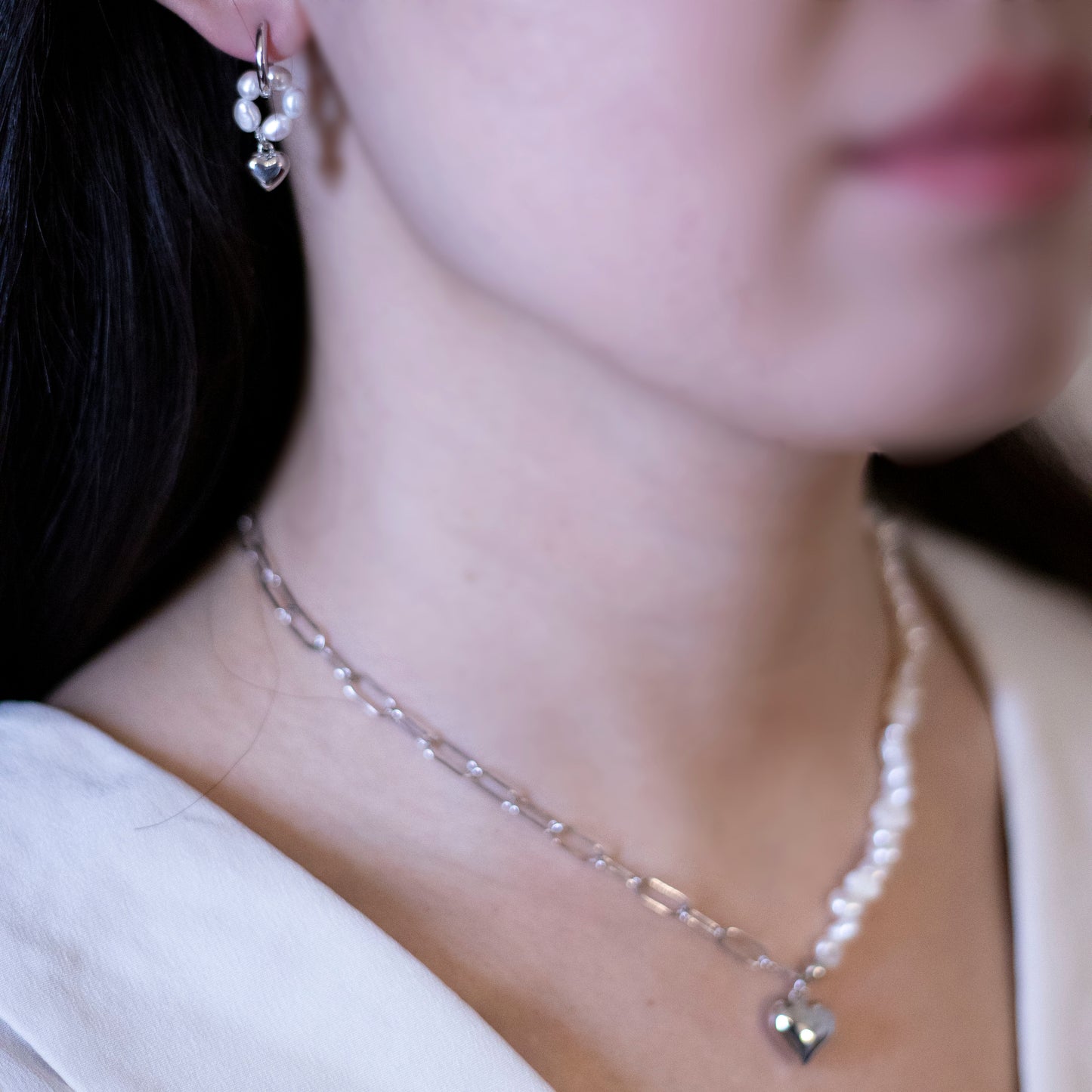 Amore, Heart Pendant Charm Drop Earrings Silver