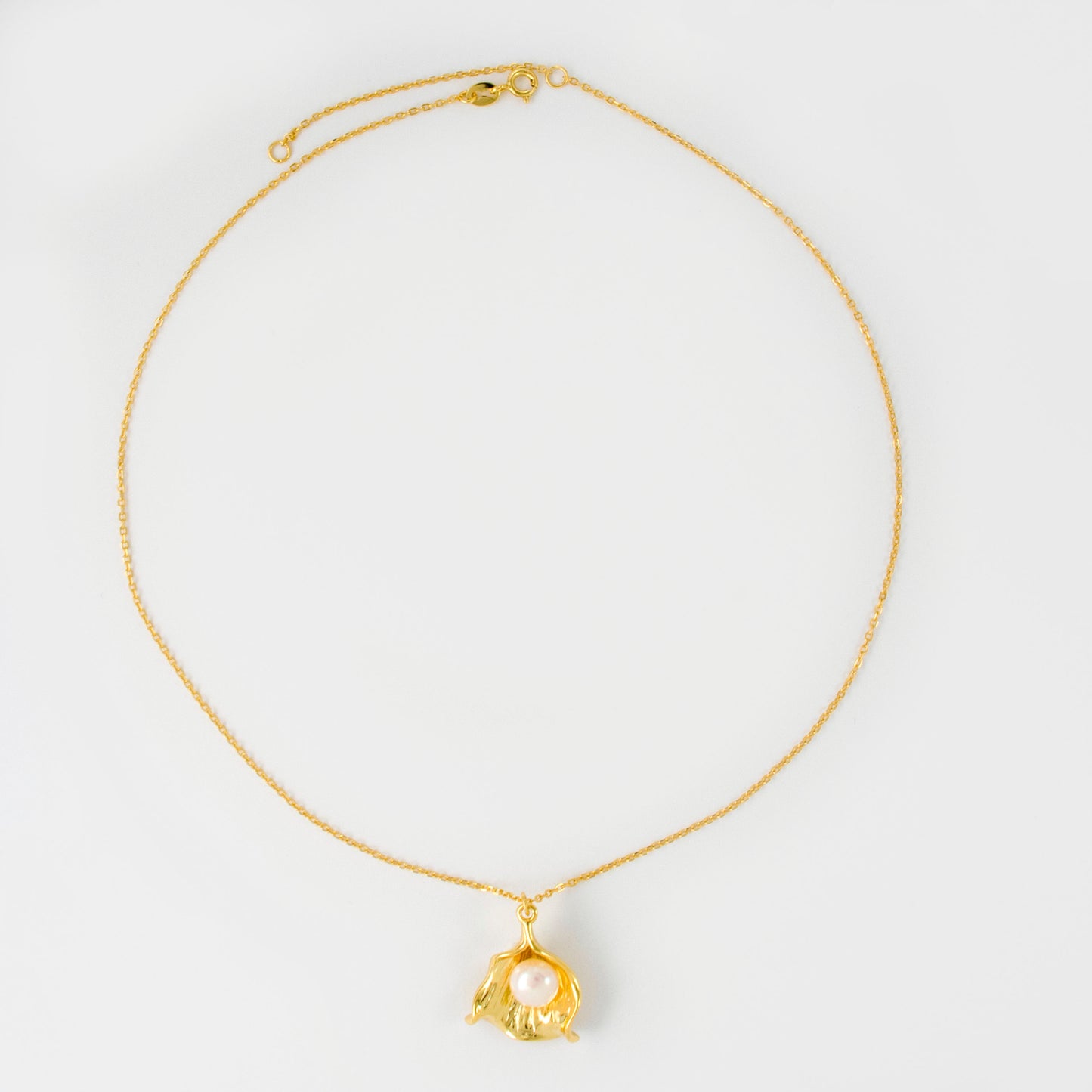 Necklace Venus features a round pearl encased within a shell pendant charm.